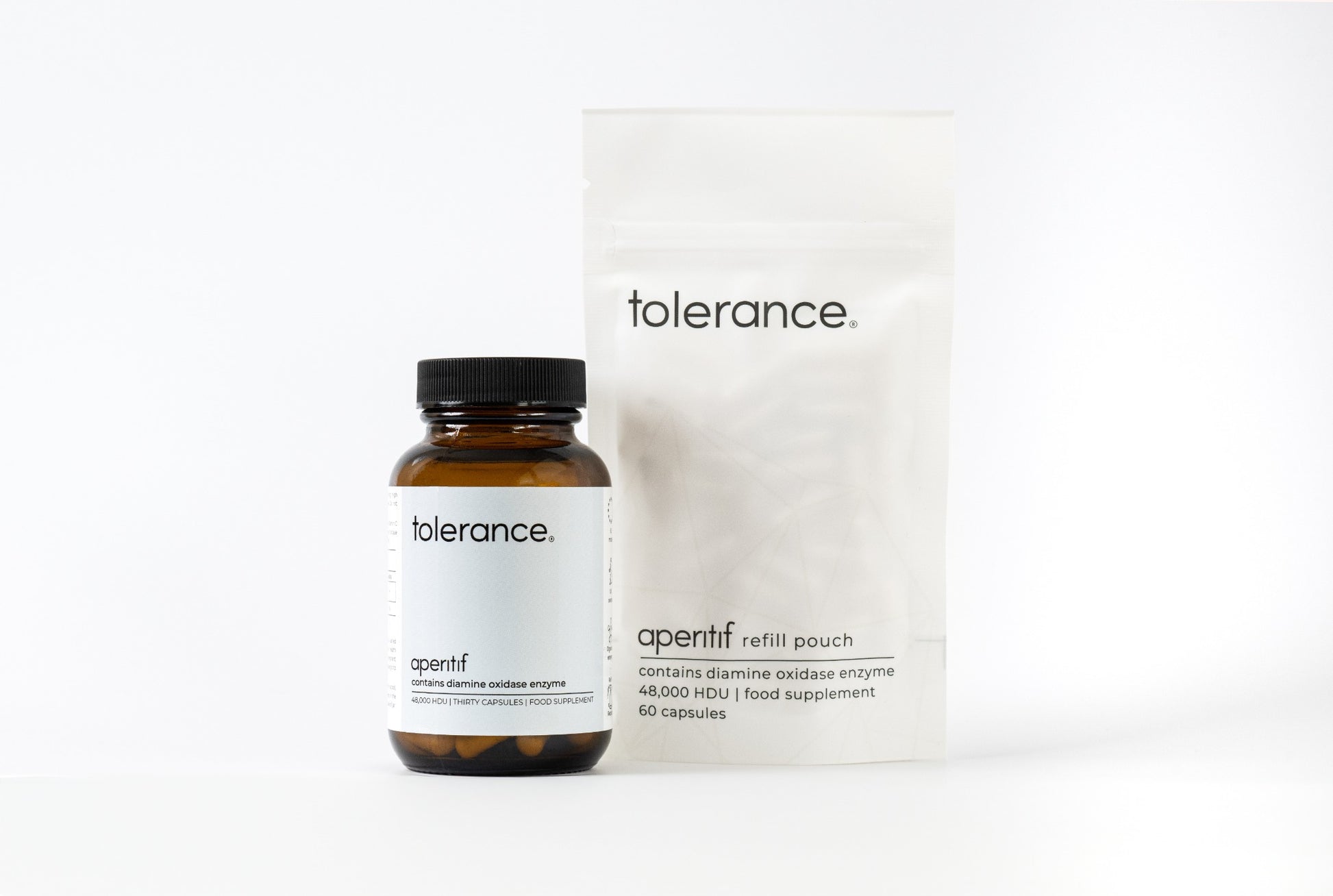 Tolerance Aperitif DAO enzyme supplement jar and refill pouch for histamine intolerance, 30 and 60 capsules