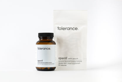 Tolerance Aperitif DAO enzyme supplement jar and refill pouch for histamine intolerance, 30 and 60 capsules