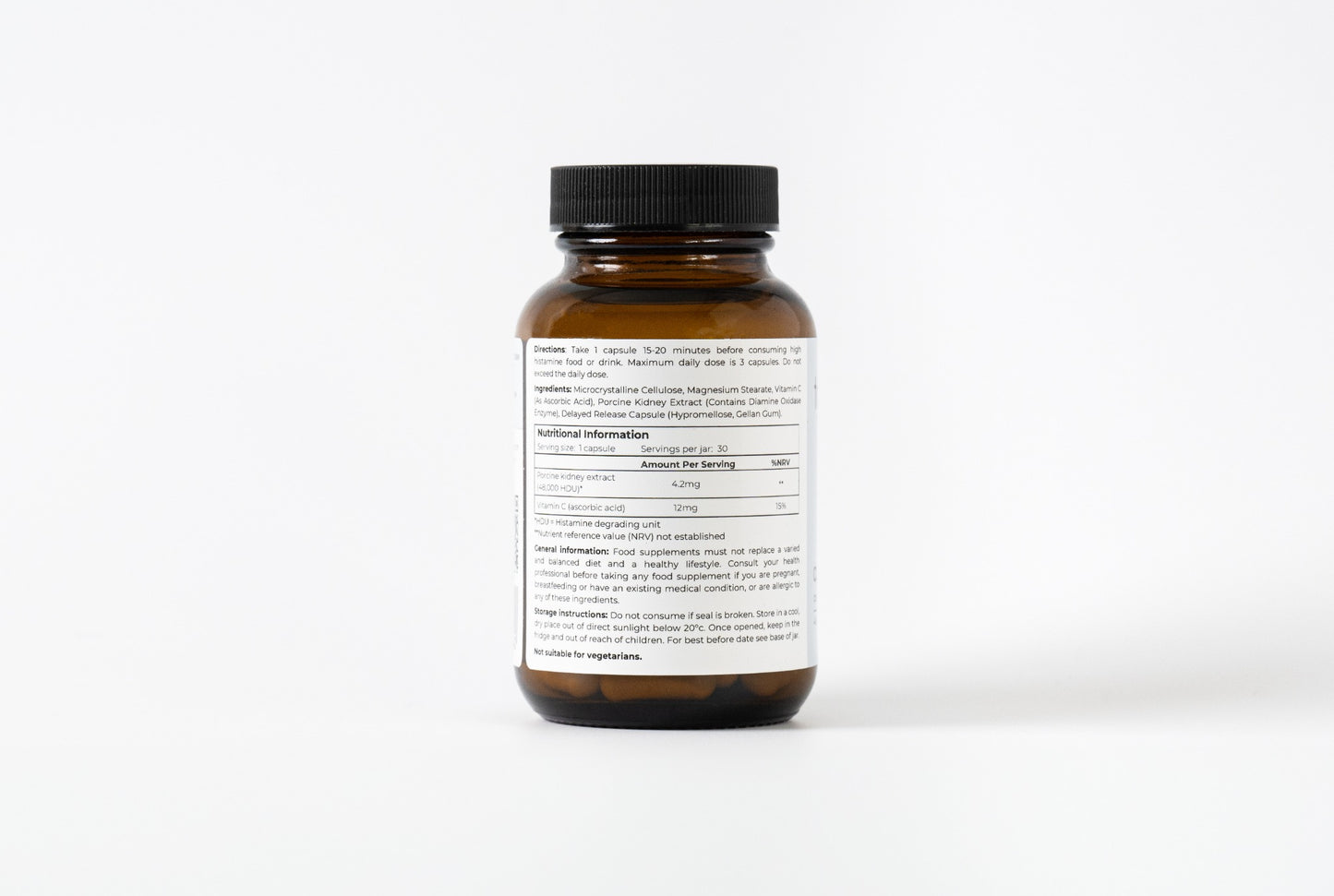 Tolerance Aperitif DAO enzyme supplement jar for histamine intolerance, 30 capsules, back label