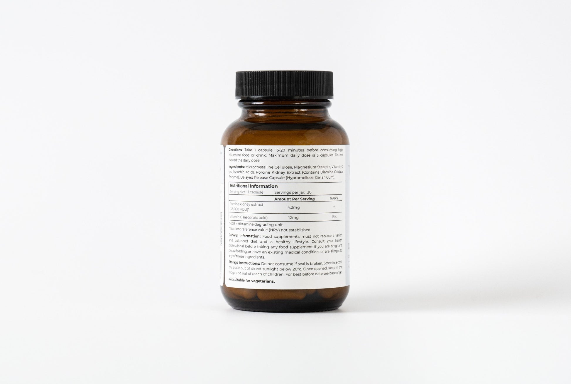 Tolerance Aperitif DAO enzyme supplement jar for histamine intolerance, 30 capsules, back label