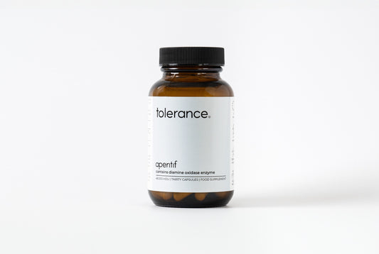 Tolerance Aperitif DAO enzyme supplement jar for histamine intolerance, 30 capsules, front view