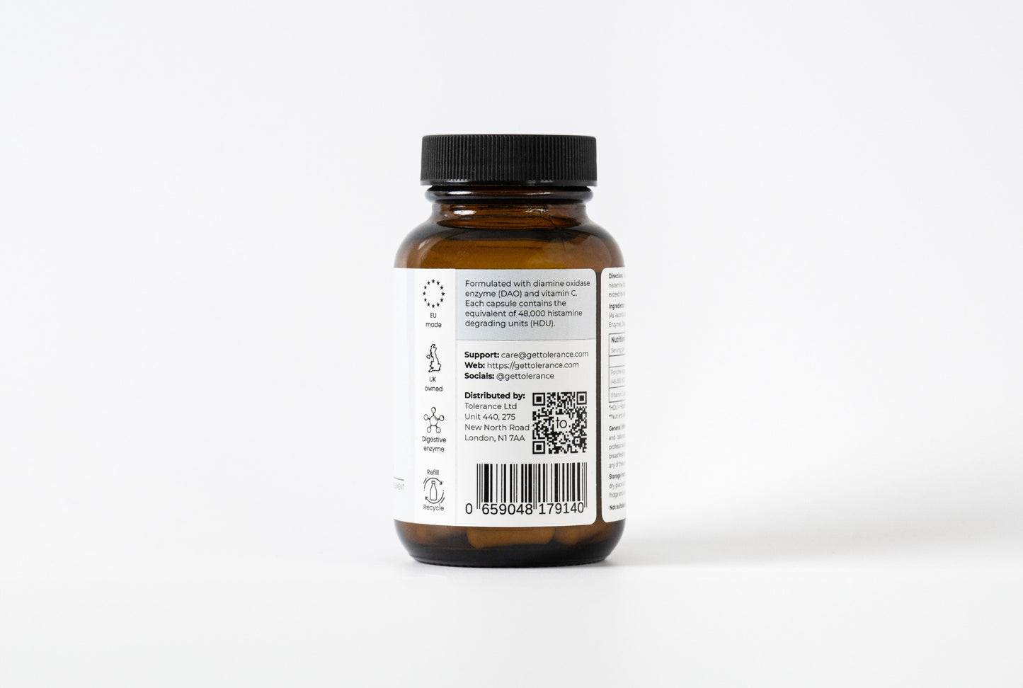 Tolerance Aperitif DAO enzyme supplement jar for histamine intolerance, 30 capsules, side label with barcode