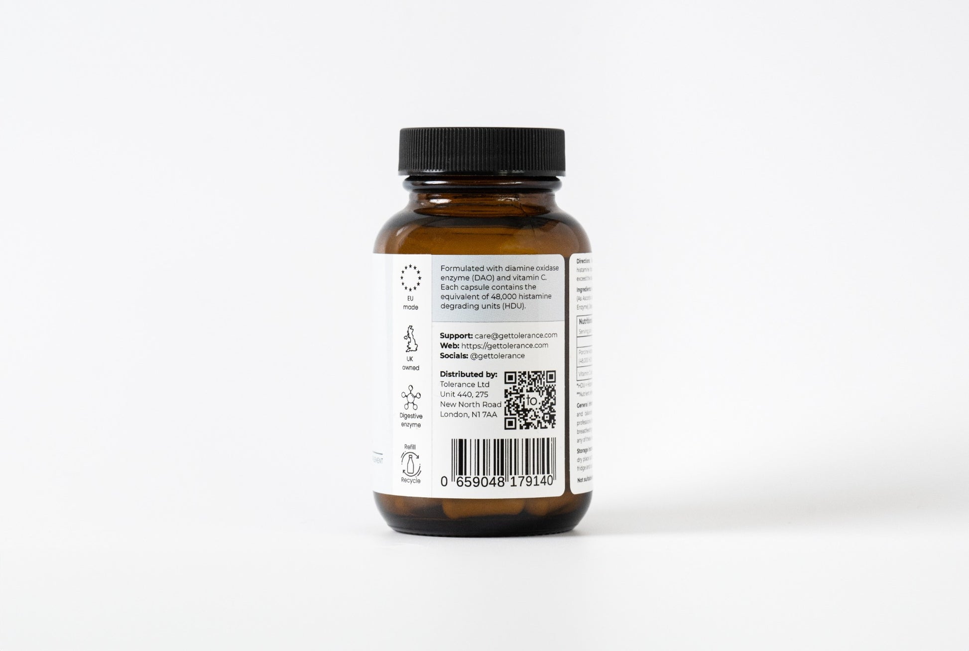 Tolerance Aperitif DAO enzyme supplement jar for histamine intolerance, 30 capsules, side label with barcode