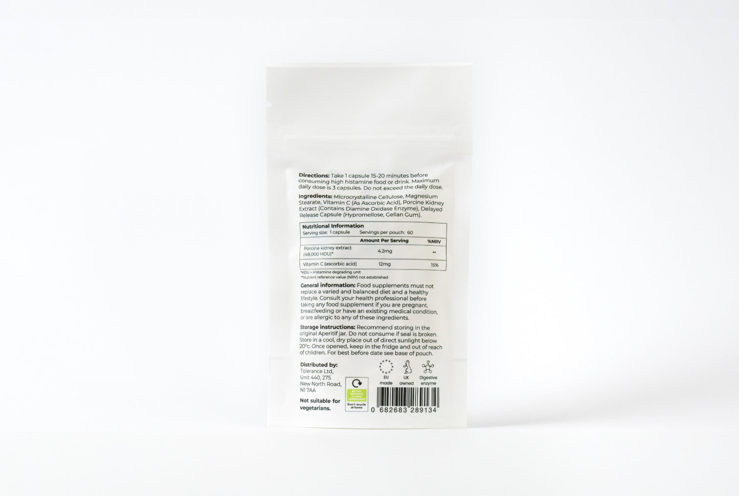 Tolerance Aperitif DAO enzyme refill pouch for histamine intolerance, 60 capsules, back view