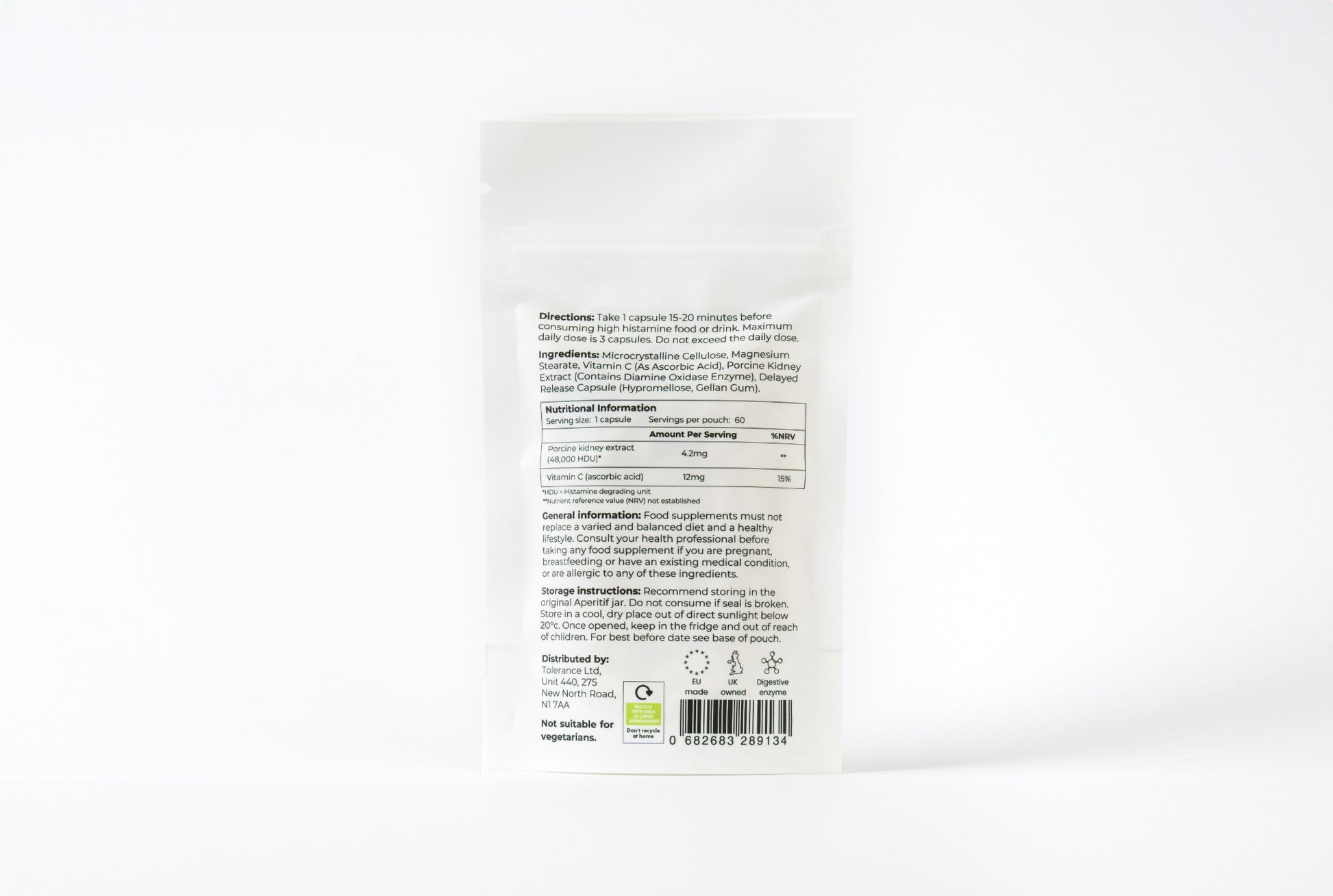 Tolerance Aperitif DAO enzyme refill pouch for histamine intolerance, 60 capsules, back view